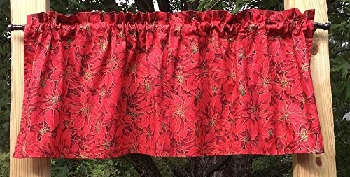 Red Poinsettia Christmas Valance Holiday Floral Curtain with Gold Etched Accents - Bild 1 von 2