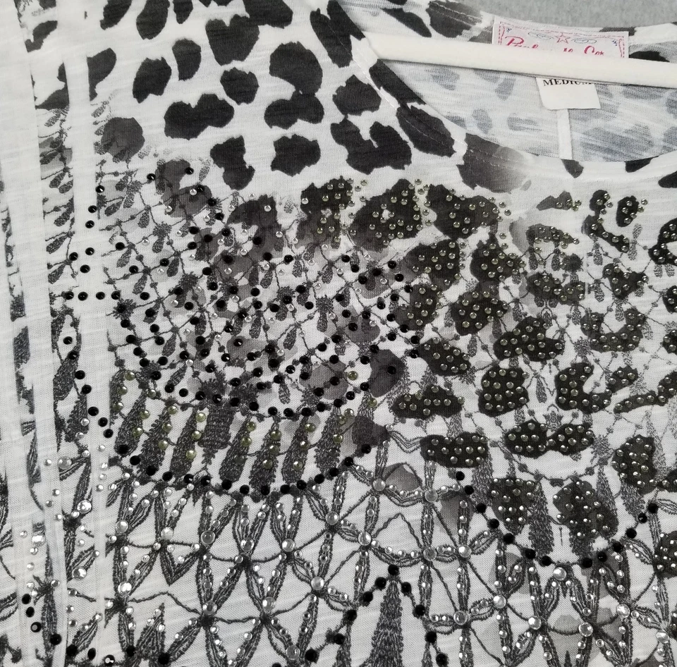 Top ajustado Panhandle para mujer mediano M negro blanco pluma de leopardo rockero occidental Foto 3 de 4