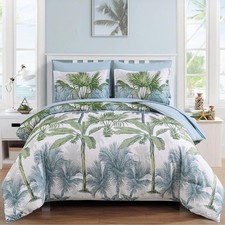 Botanical Comforter Set Queen, 7 Pieces Blue Palm Tree Bed in a Bag, Reversia...