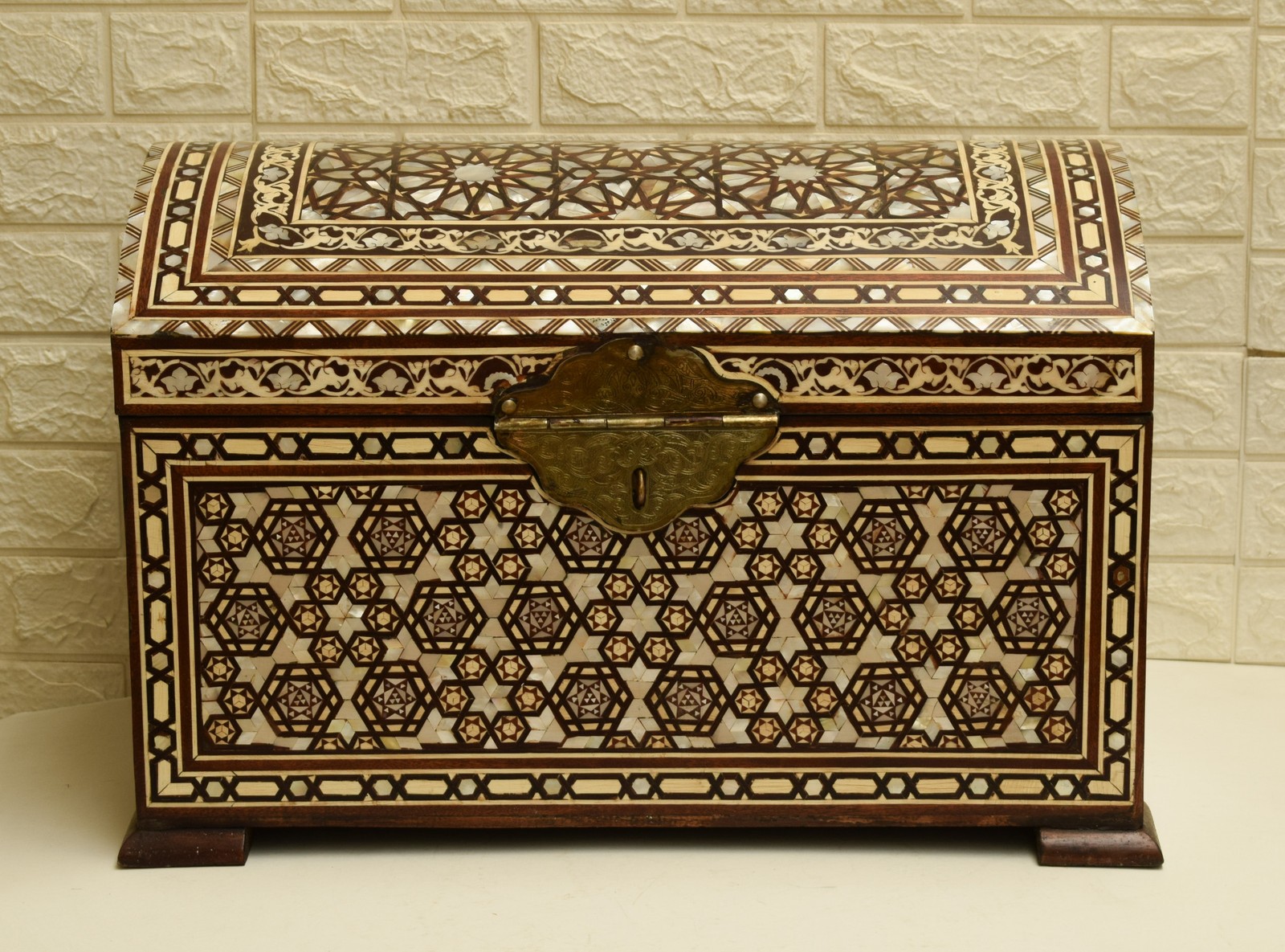 Vintage Moroccan Wood Keepsake Box with Mother of Pearl Inlay