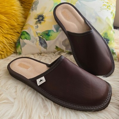 Handgefertigte braune Herren Leder Pantolette Hausschuhe | Echtleder Obermaterial & Innensohle