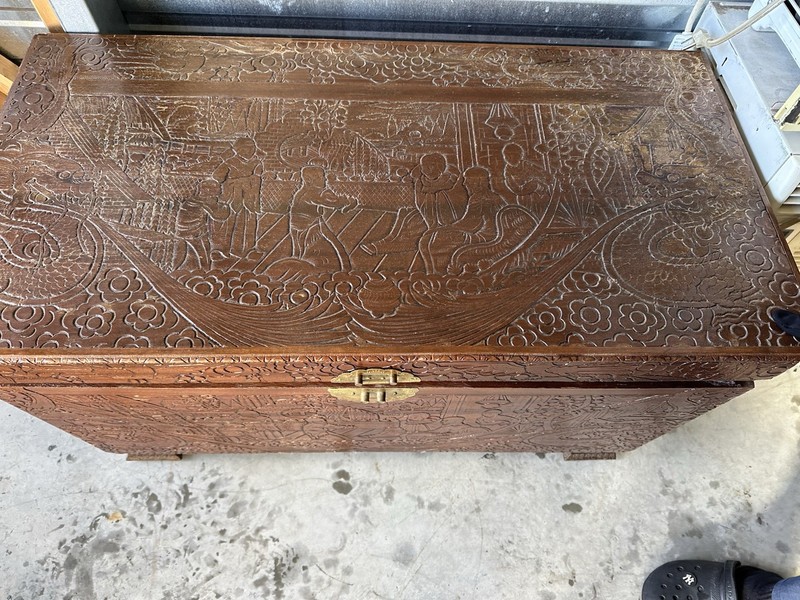 Chinese Antique Carved Wooden Chest Brown with Brass Hardware