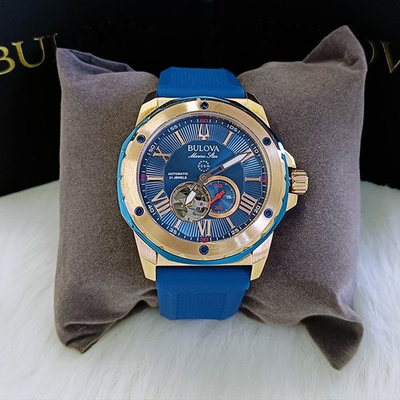 #ad Bulova Marine Star Blue Dial Red Rubber Strap 45mm Men#x27;s Automatic Watch 98A227 $249.00