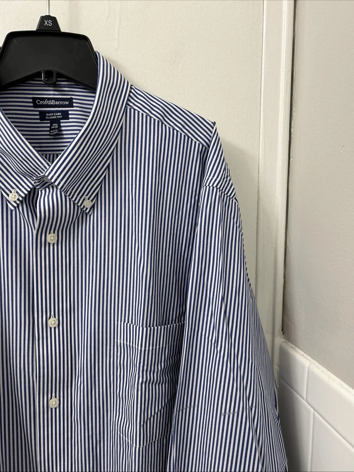 Camisa Croft & Barrow Para Hombre Talla 18.5 Azul Blanco Rayas Fácil Cuidado Calce Clásico L/S Foto 4 de 4