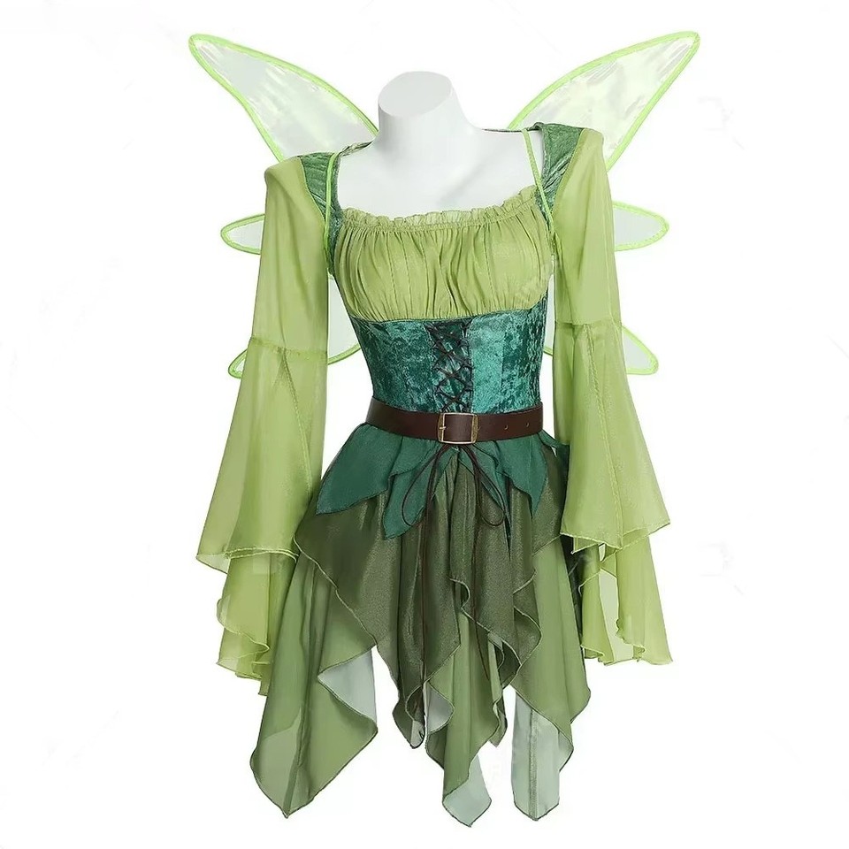 Mujer Elfo Medieval Verde Hada Vestido Mágico Elfo Vestido y Cinturón con Alas