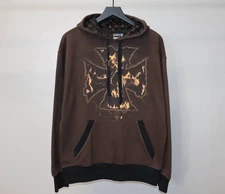 Vintage ODM Men's M Skull Hoodie Grunge Y2K Brown Cotton Pullover 2000s