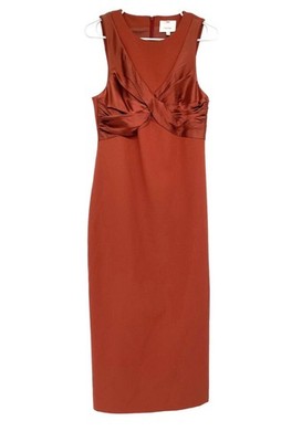 Cinq à Sept Dress Womens 6 Rust Brown Sleeveless Sheath Midi Satin Twist Detail