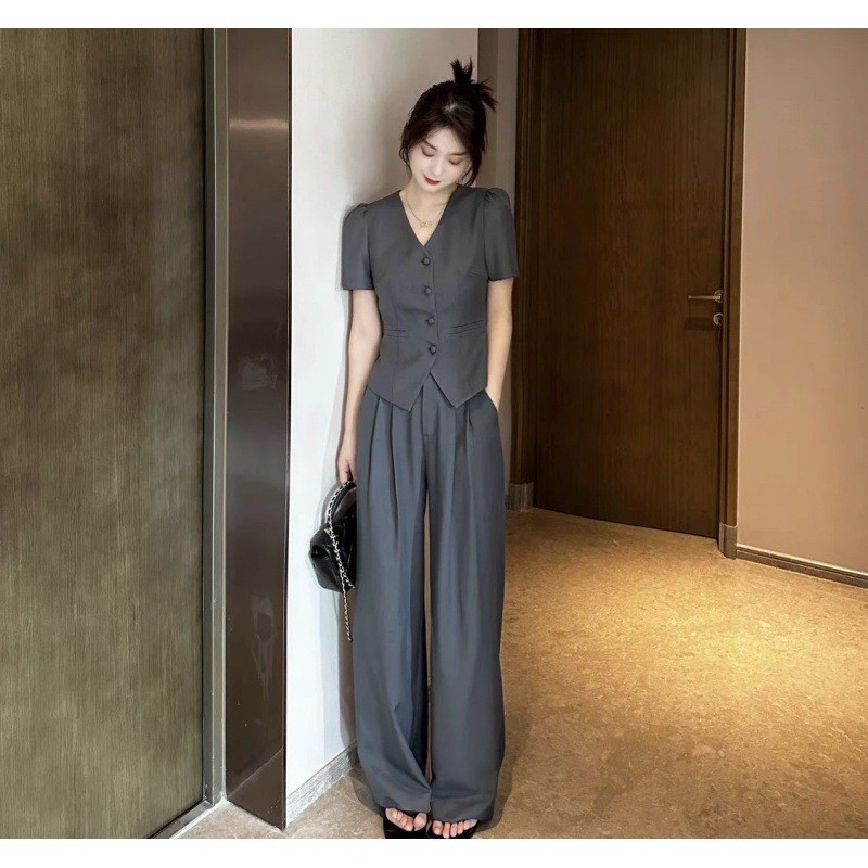 Traje, Top de Manga Corta, Pantalones Informales de Pierna Ancha, Traje de Mujer de Dos Piezas Talla Asia