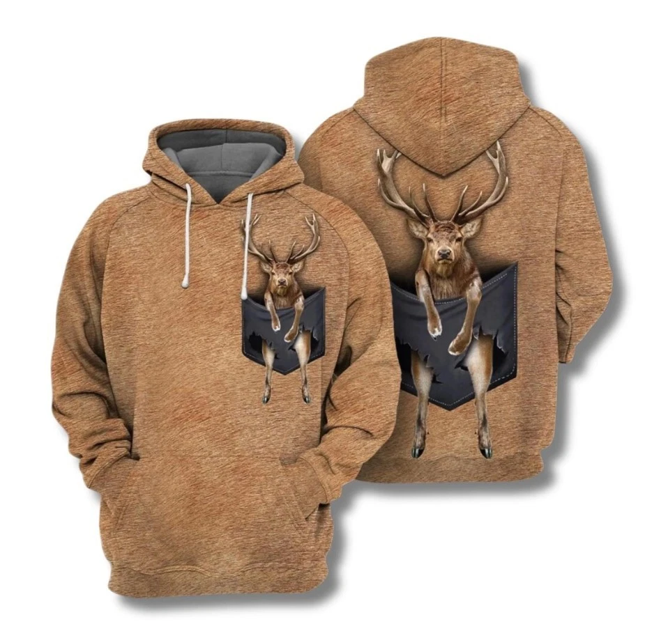 Deer Pocket Hoodie, 3D Buck Deer Illusion Pullover, Hunting Wildlife Hooded