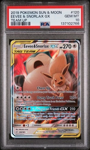 PSA 10 Eevee & Snorlax GX Team Up 2019 Pokemon 120/181 Tag Team English Gem