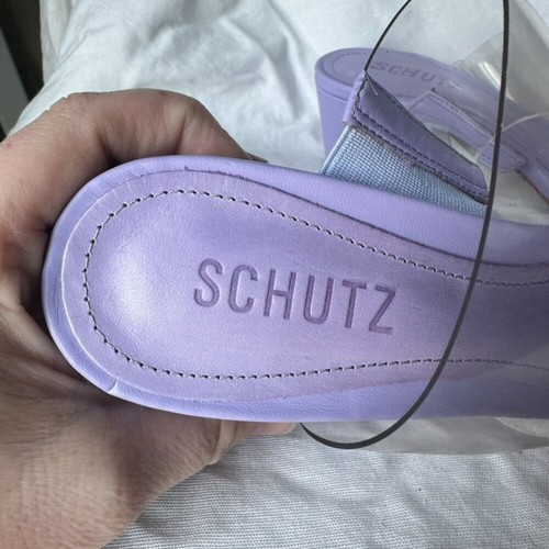 Schutz Taglia 8 Viola Trasparente Victorie Low Block Sandalo Formale Prom Rush Nuovo - Foto 2 di 8