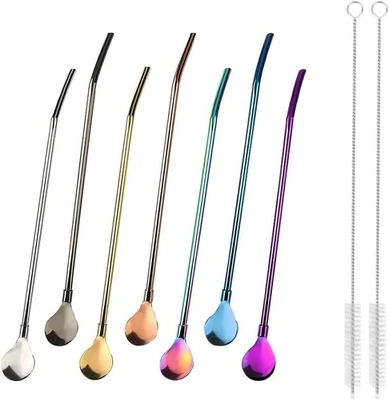 KAIAIWLUO Trinkhalm Löffel,7 PCS Trinkhalmlöffel für Slush + 2 Stück Reinigungsbürste Edel