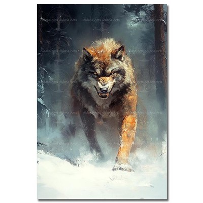 Snow Wolf Art Print, Moody Winter Mountain Charge Poster, Rustic Lodge Decor