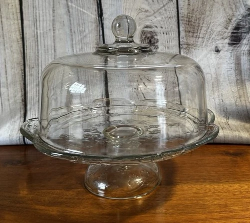 Vintage Anchor Hocking Clear Glass Cake Stand Pedestal Savannah Pattern W/ Lid