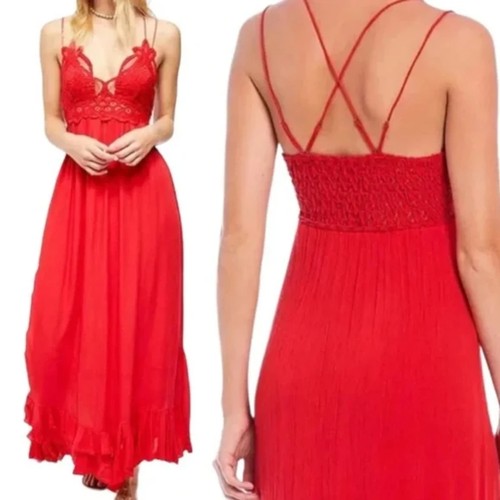 Free People Adella Slip Crochet Lace Maxi Dress Smocked XS Bright Red $128 Boho - Picture 6 of 6