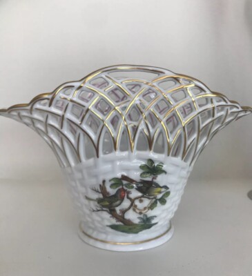 Herend Rothschild Bird Hand-Painted Basket - Vintage, New, Flawless Beauty!