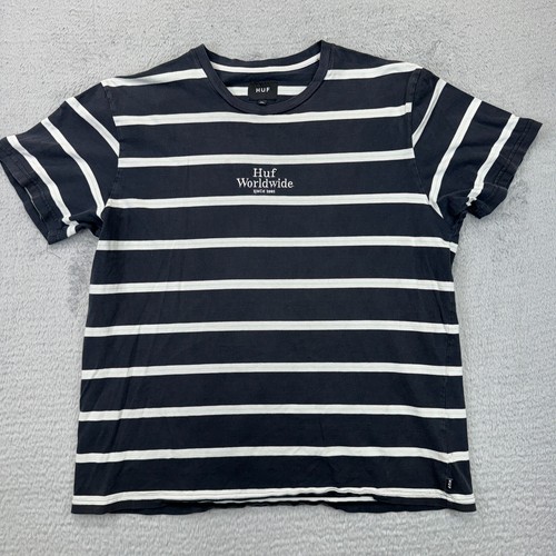 Huf Worldwide mens XL striped t shirt black white embroidered logo EUC