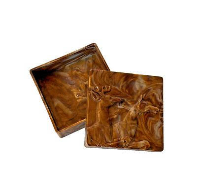 MCM Hickok Celluloid Deer Buck & Doe Design Cigarette Trinket Box Brown Marbled