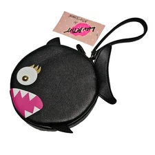 Luv Betsey Johnson Wristlet Coin Purse Black Piranha Faux Leather Circle 6"