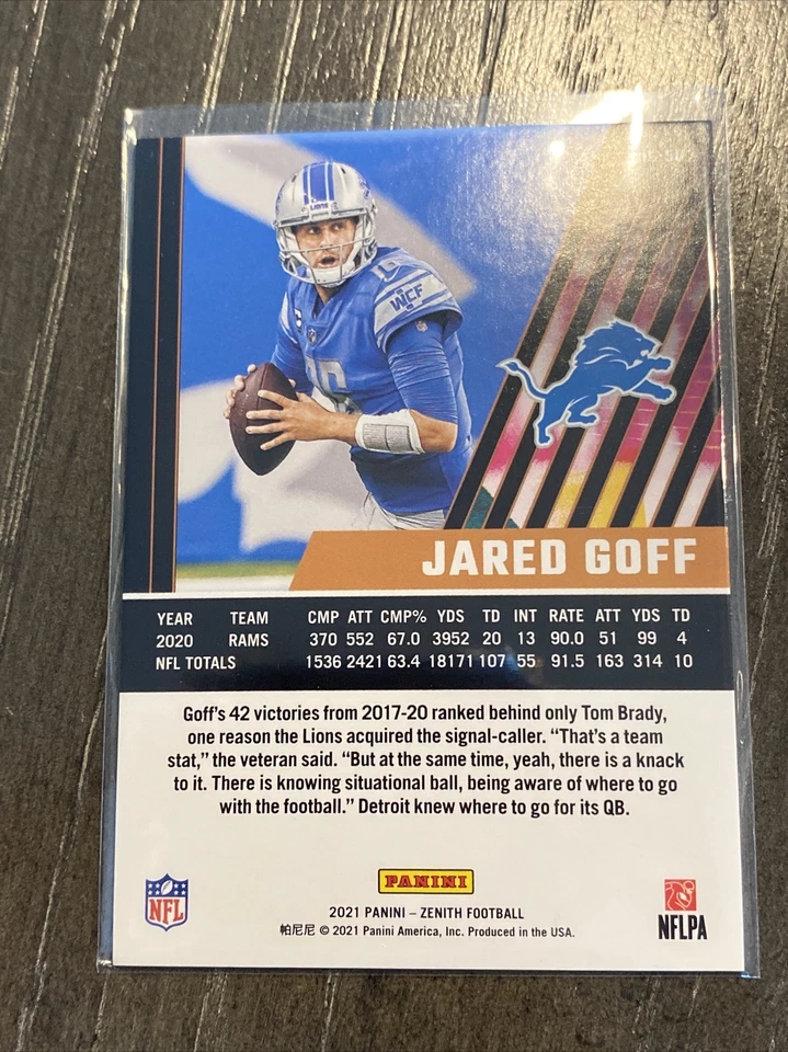 Jared Goff 2021 Panini Zenith Football #50 Detroit Lions - Image 2 of 2
