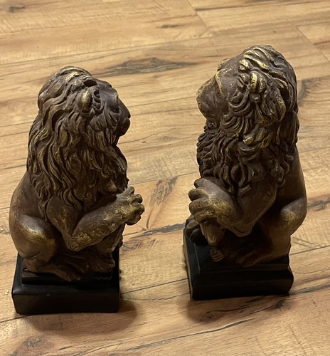 Pair Vintage Lion Statues Figurines Detailed Carving Mid Century Modern - 第 3/9 張圖片