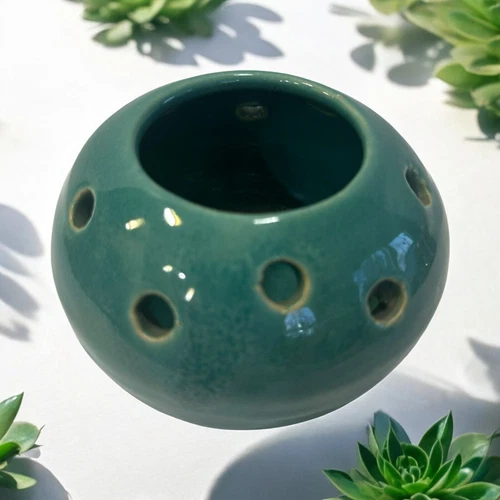 VTG MCM 1930’S BroadMoor Pottery Denver Green Turquoise Signed Flower Frog Vase