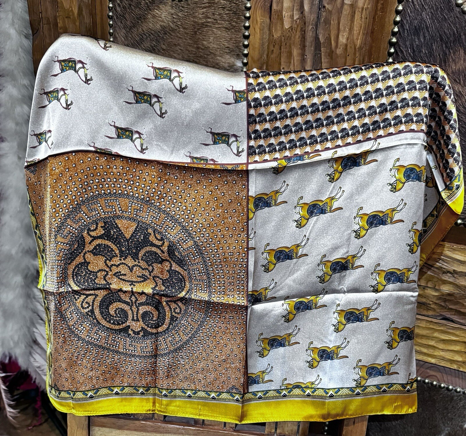 Wild Rag Scarf Yellow With Horses And Paisley Design