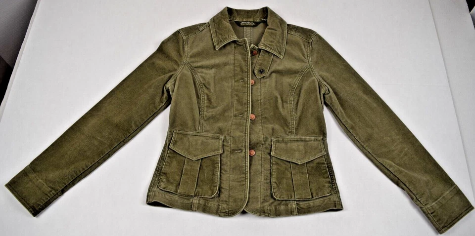 Chaqueta De Colección Eddie Bauer Talla S/M Años 90 Verde Bosque Suave Pana Bronce Botón Foto 4 de 4