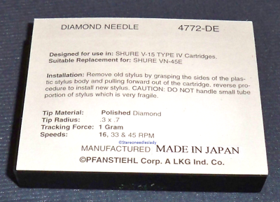 Pfanstiehl 4764-DE Stylus Needle for Shure V15 Type 3 VN35E for sale online