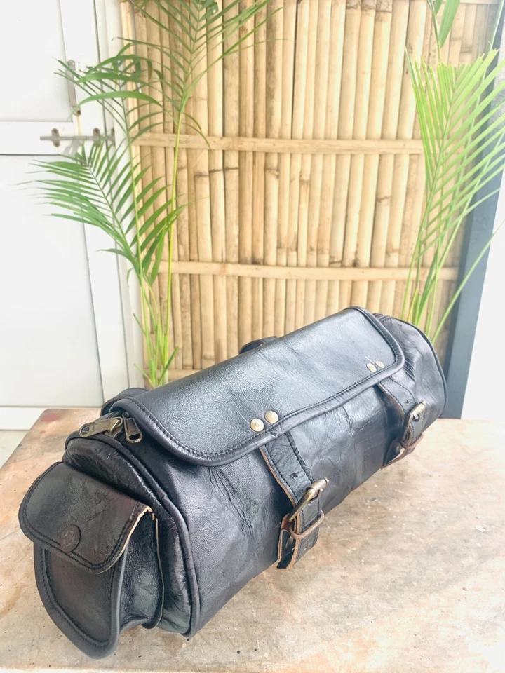 New Black Genuine Leather Motorcycle Bag Vintage Strap Tool 1 Large 1 Small Bag - Image 3 of 4