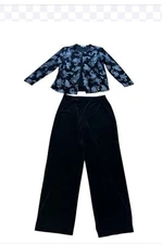 Notations Women's Embellished Two Pc  Cardigan Stretch Long Sleeve Velvet Pans