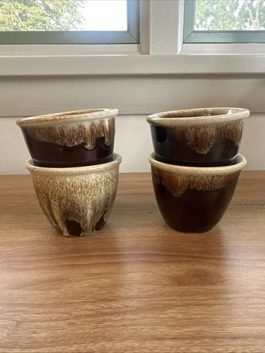 Set Of 4 Vintage Pottery Brown Drip Glaze Coffee Cups Mugs Oven Proof Marked USA
