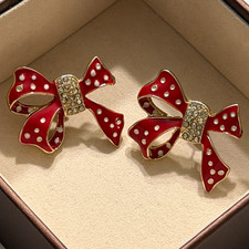 Red & White Enamel Polka Dot Bow Earrings Rhinestones Accents Center Gold Tone