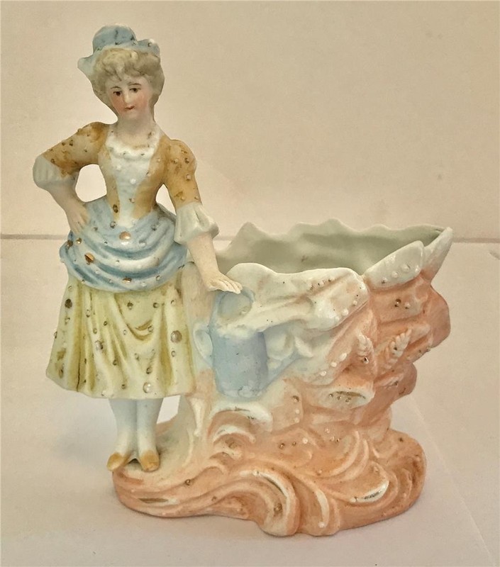 Antique German Bisque Figural Planter Woman W/ Watering Can At Well 5"