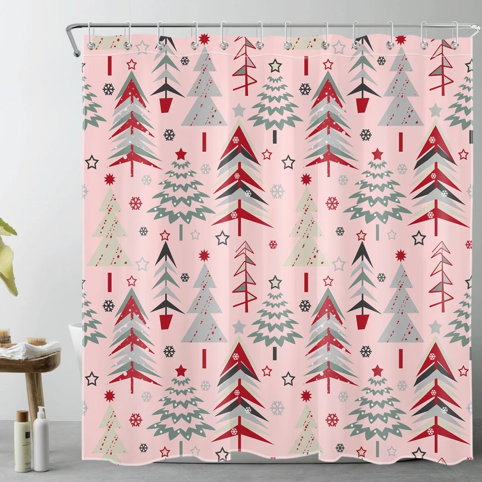 Juego de accesorios de baño cortina de ducha de Navidad rosa árbol de Navidad abstracto gris Foto 2 de 4