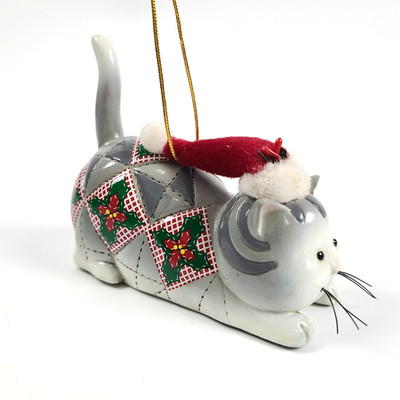 Patchwork Quilt Cat w/ Santa Hat Ornament - Christmas - Resin