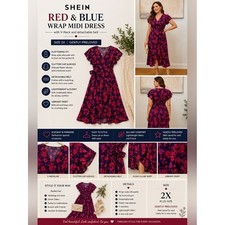 SHEIN Red and Blue Wrap Midi Dress with V-Neck and detachable belt