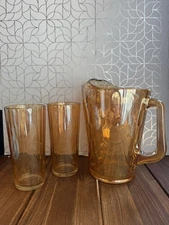 Vintage Jeanette Marigold Honeycomb Carnival Glass Pitcher W/ Matching Tumblers