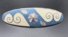 VTG Oval Abalone  Turquoise Resin Inlay Silvertone Hair Clip Barrette