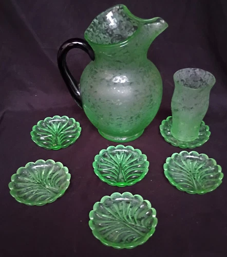 Fenton Ming Green Depression era Glass Uranium PItcher 1 glass rare 6 coasters