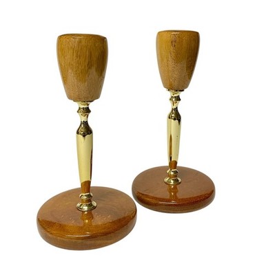 Oregon Myrtle Wood Brass Candlestick Holders Taper Candles Pair Vintage MCM