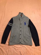 POLO Ralph Lauren Grey Navy Blue Big Pony Cardigan Collar Youth XL
