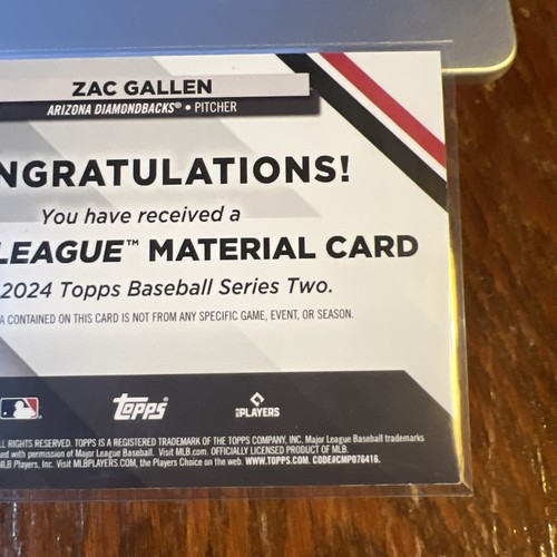 Zac Gallen 2024 Topps Series 2 Major League Materials Black #MLM2-ZGA /199 - Picture 6 of 7