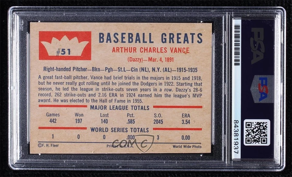 PSA/DNA 1960 Fleer Baseball Greats Dazzy Vance #51 Certified Authentic Auto HOF - Image 2 of 2