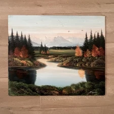 Original R. Schneider Signed Oil Painting, Lanscape River, 1950s-1980s, Unframed