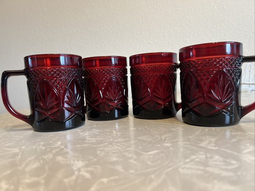 4 Ruby Red Luminarc Cristallerie D'Arques J.G. Durand Glass Mugs Set - Picture 2 of 7