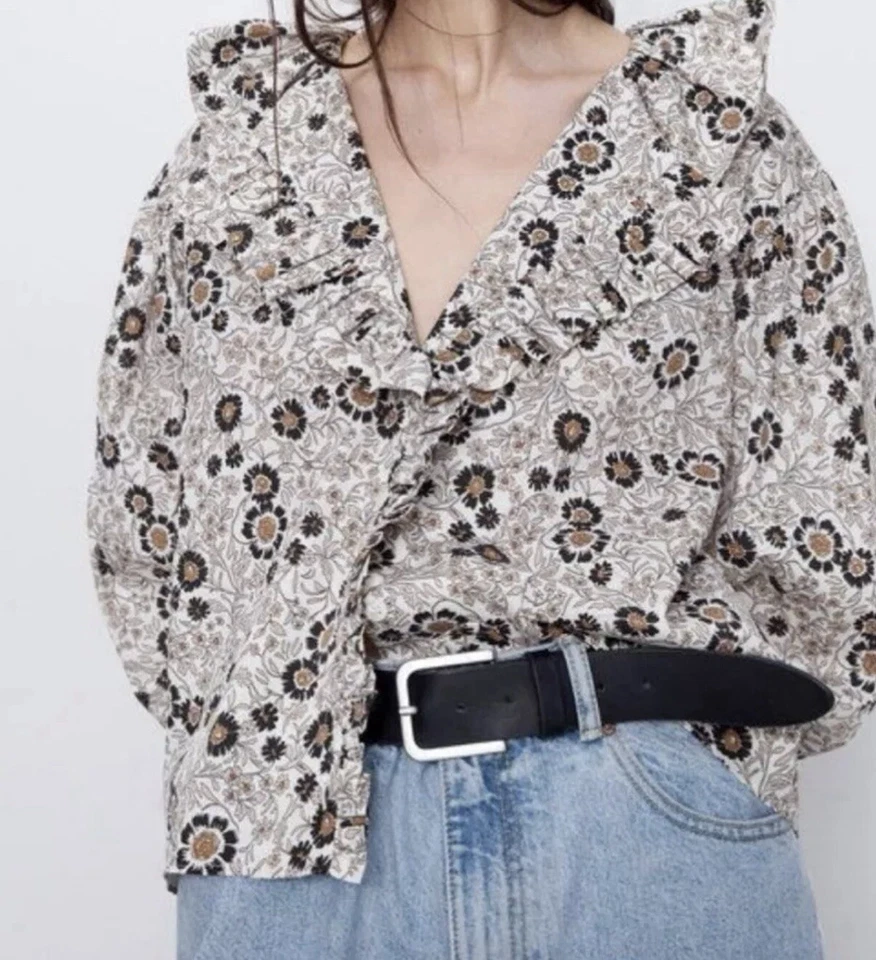 Blusa Top ZARA Para Mujer Volantes Volantes Cuello en V S Romántica Boho Cottagecore Floral Foto 2 de 4