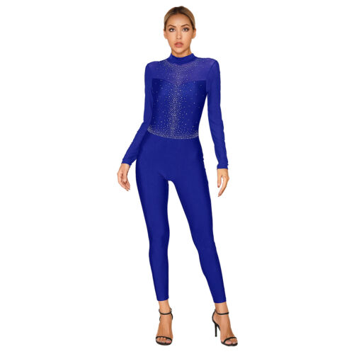 Women Gymnastics Shiny Rhinestone Leotard Unitard Figure Ice Skating Jumpsuit - Picture 90 of 92