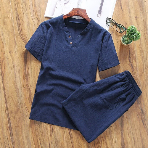 Herren Shorts Baumwolle Leinen Sommer Set 2er Set Kurzarm T-Shirt und Hose - Bild 12 von 30