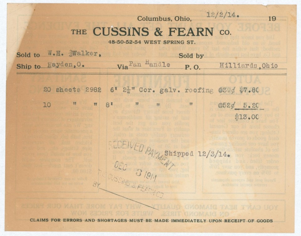 1913 Cussins & Fearn Columbus OH Hardware Ad Billhead Lead Paint Auto